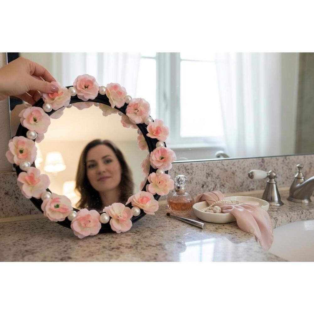 Elegant Round Mirror with Pink Floral and Pearl Accents